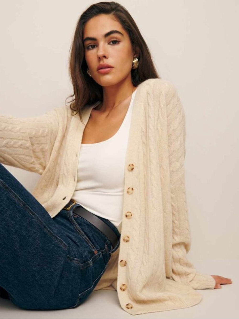Reformation Guista 100% Cashmere Lightweight Cardigan Sweater Cream Medium